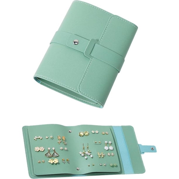 Organizador de pendientes con diseño de libro plegable, organizador de libros de pendientes, estuche portátil de cuero de PU para pendientes de viaje (verde)