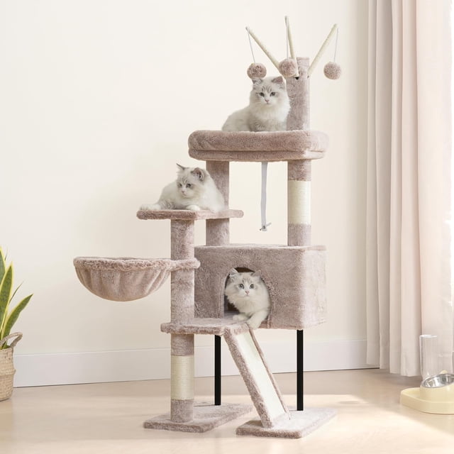 Cat Tree, Cat Tower for Indoor Cats with Scratching Post for Small Cats and Kittens, Cat House with Removable Top Platform and Fluffy Balls, Hanging Cat Basket, Mushroom