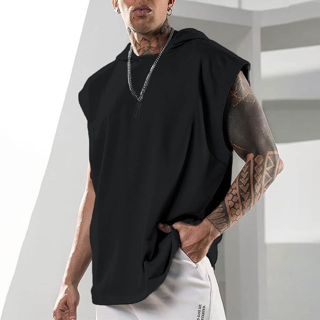 Men Fashion Solid Color Fitness Leisure Versatile Sleeveless Hooded Top