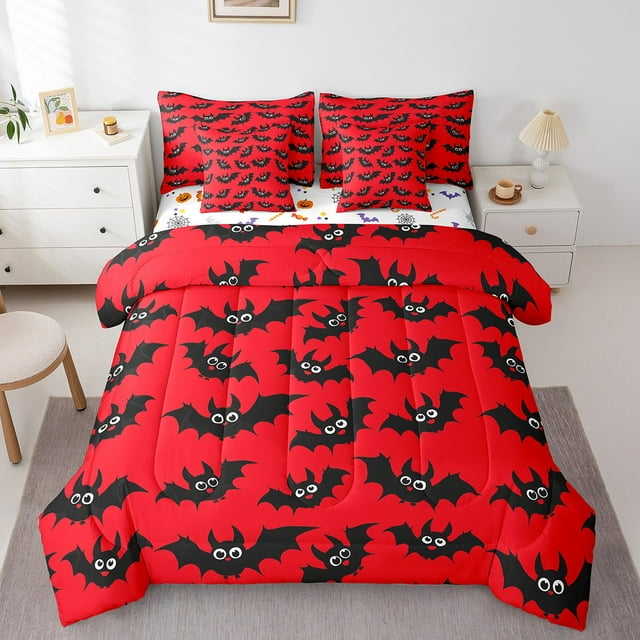 YST 7 Piece Bed in a Bag Queen Size Comforter Set Halloween Bedding Set,Black Red Halloween Bat Reversible Design Bed Set,Cartoon Halloween Comforter with Sheet Set,All Season