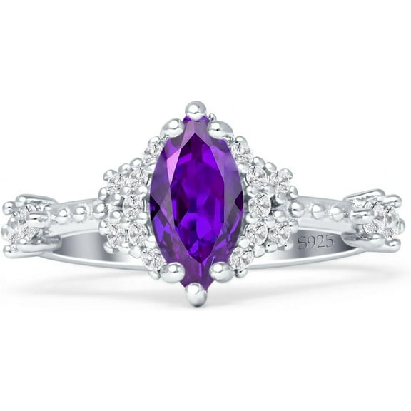 Marquise Halo Beaded Ring Amethyst Cubic Zirconia White Tone 925 Sterling Silver, Size 5