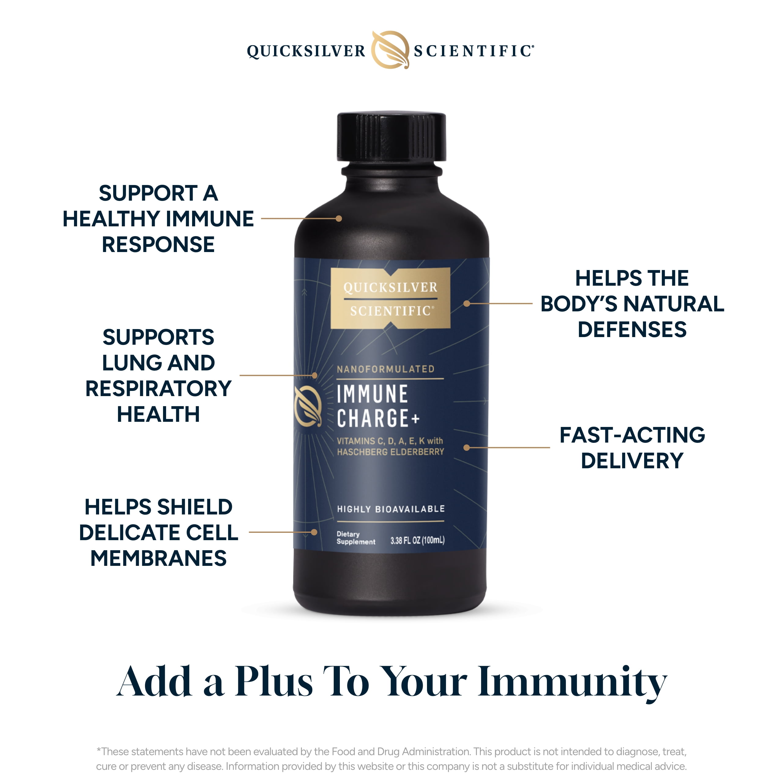 Quicksilver Scientific Immune Charge+ - Elderberry Immune Support with 10,000 IU Vitamin D3, 25,000 Vitamin A, Vitamin C, E, K1 & K2 for Immune Health & Lung Support (100ml)