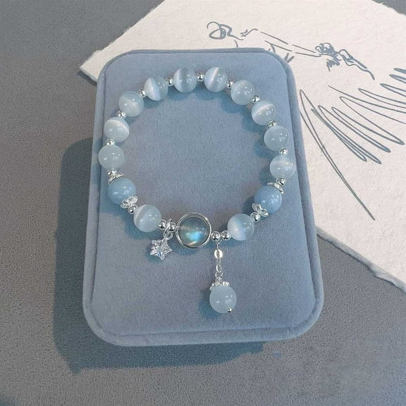 Star Alloy & Natural Aquamarine & Moonstone Round Beaded Charm Bracelets Platinum 7-1/8~8-5/8 inch(18~22cm)