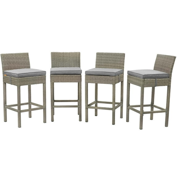 Contemporary Modern Urban Designer Outdoor Patio Balcony Garden Furniture Bar Side Stool Chair, Set of Four, Fabric Rattan Wicker, Grey Gray