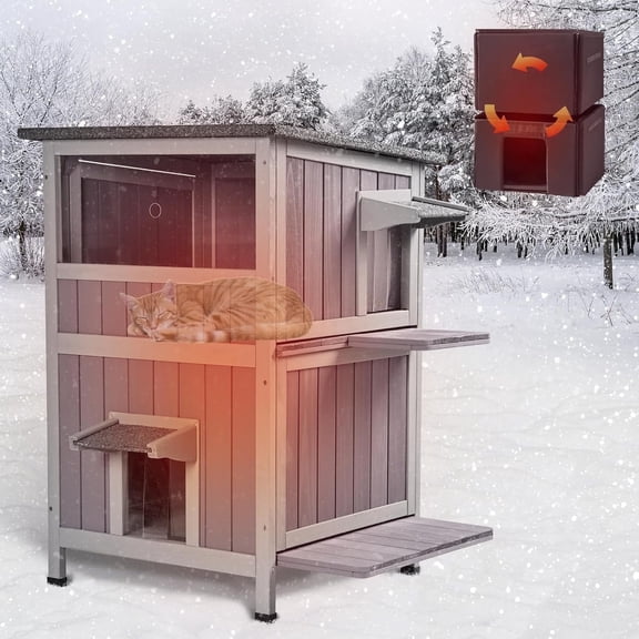 Aivituvin Insulated Outdoor Cat House Weatherproof with Insulation Liner for Winter, 2-Story Wooden Feral Shelter with Acrylic Window, Openable Asphalt Roof, Escape Doors
