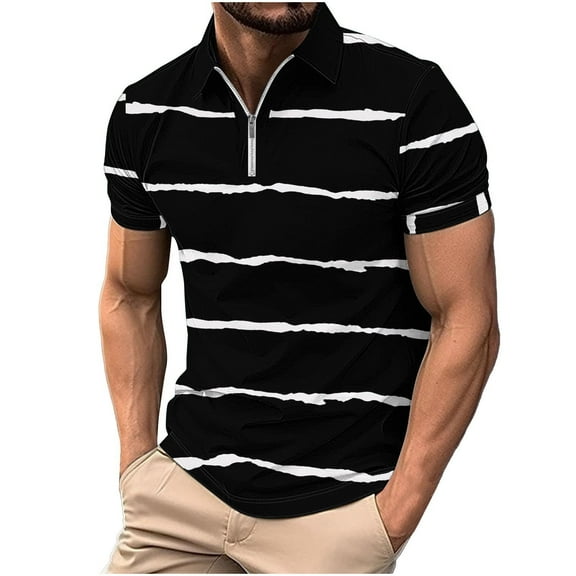 WREESH Men's Striped Zippered Henley Shirts Casual Printed Short Sleeve T-Shirt with Turn Down Collar and Zipper a Trendy Striped Top with Functional Zipper Black