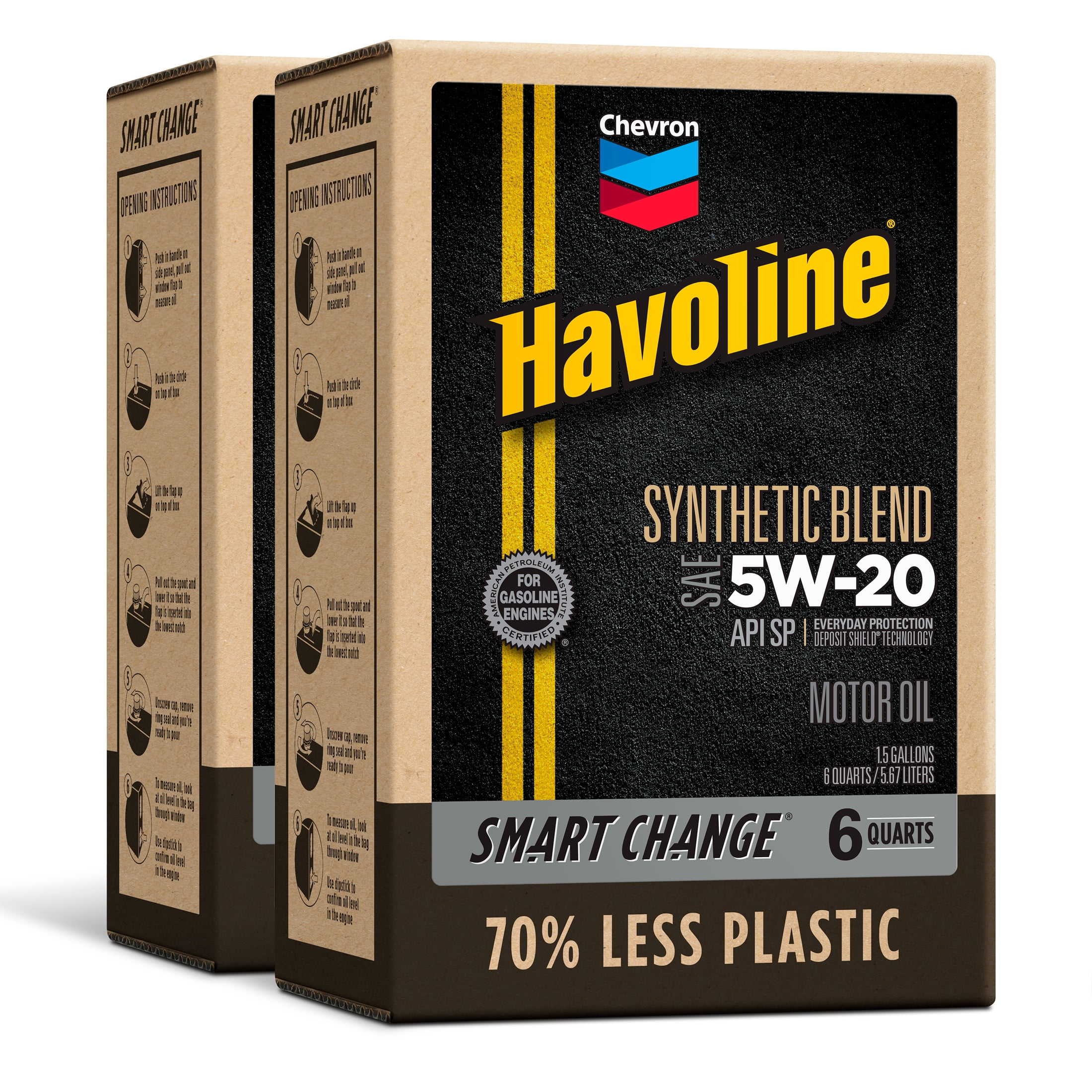 Chevron Havoline Synthetic Blend Motor Oil 5W-20, 6 Quart, Smart Change Box Case (2-Pack)