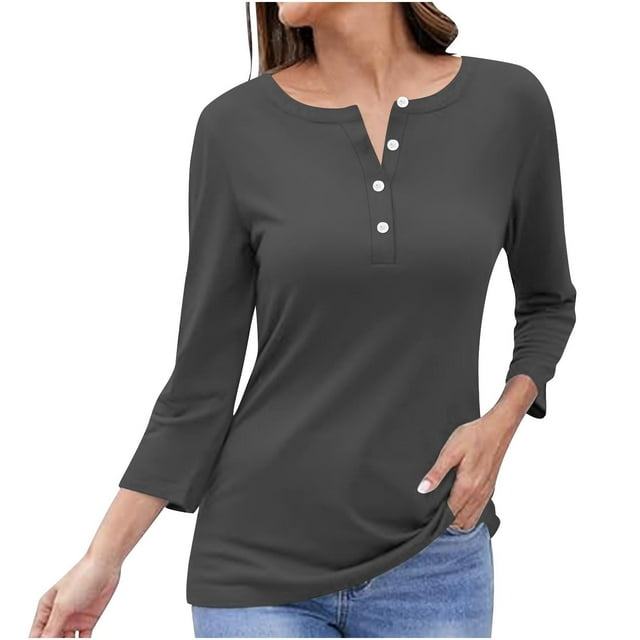 Timegard Tops for Women Long Sleeve Notched V-Neck Button Shirts Solid Color Fall Casual Loose Comfy Tops
