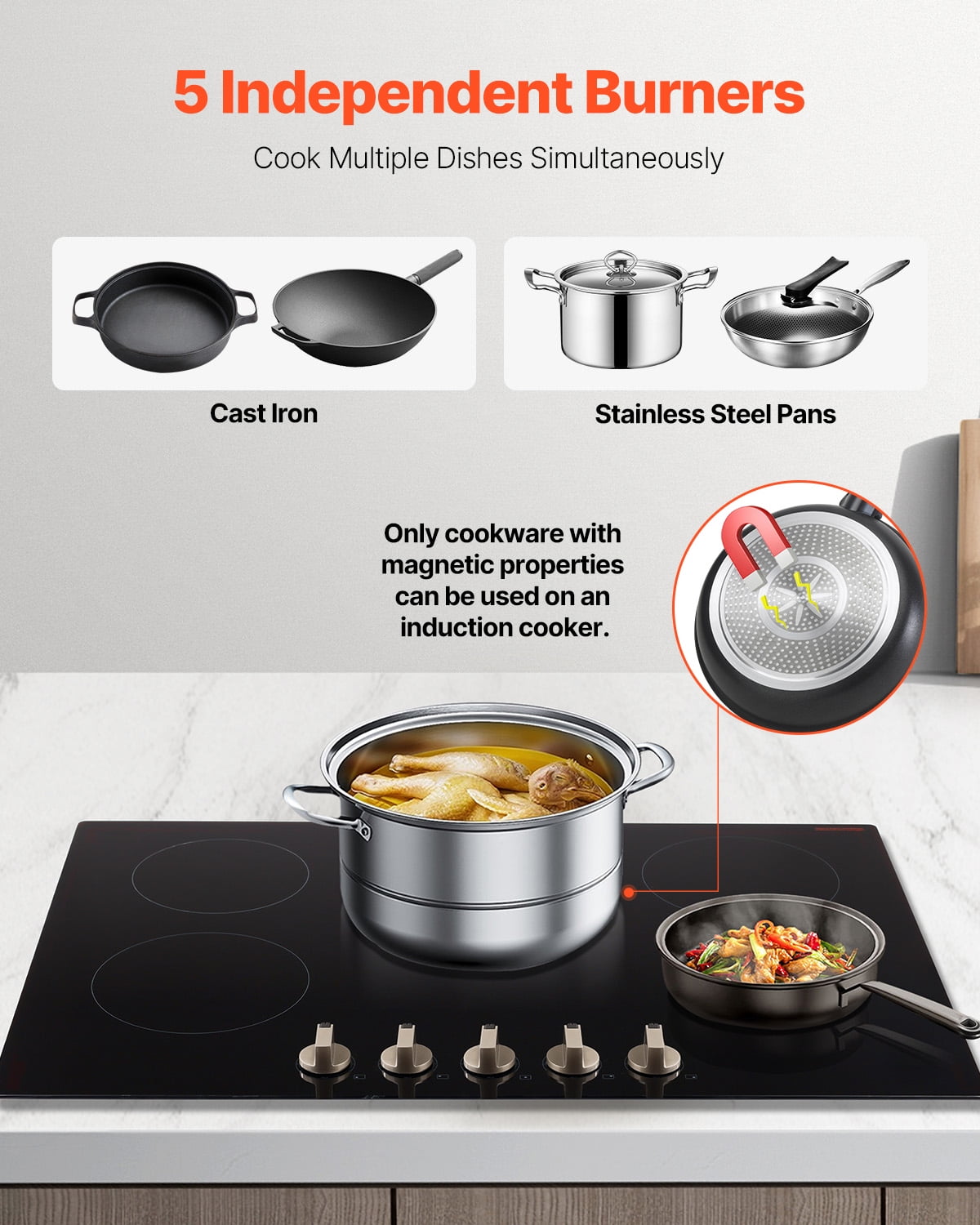 KFFKFF Induction Stove, 9200W Electric Kitchen Burner, 5 Control Knobs, Integrated Induction Stove with 12 Heat Levels, Glass Top, Automatic Power-Off