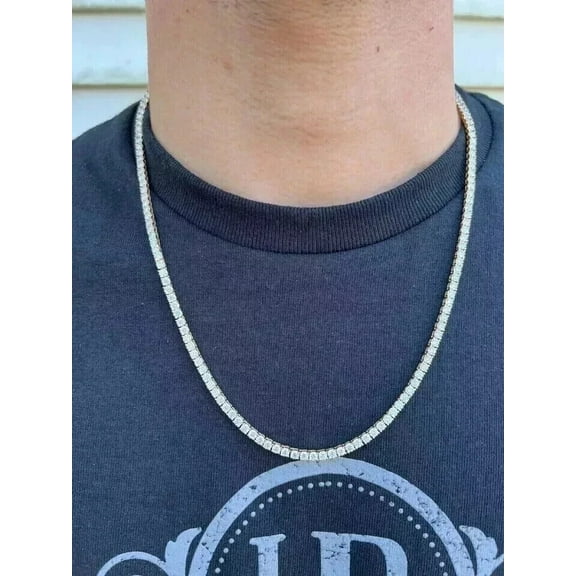 3MM 22Ct Round Cut Simulated Diamond Men's Tennis Necklace 14k White Gold Plated 18"inch