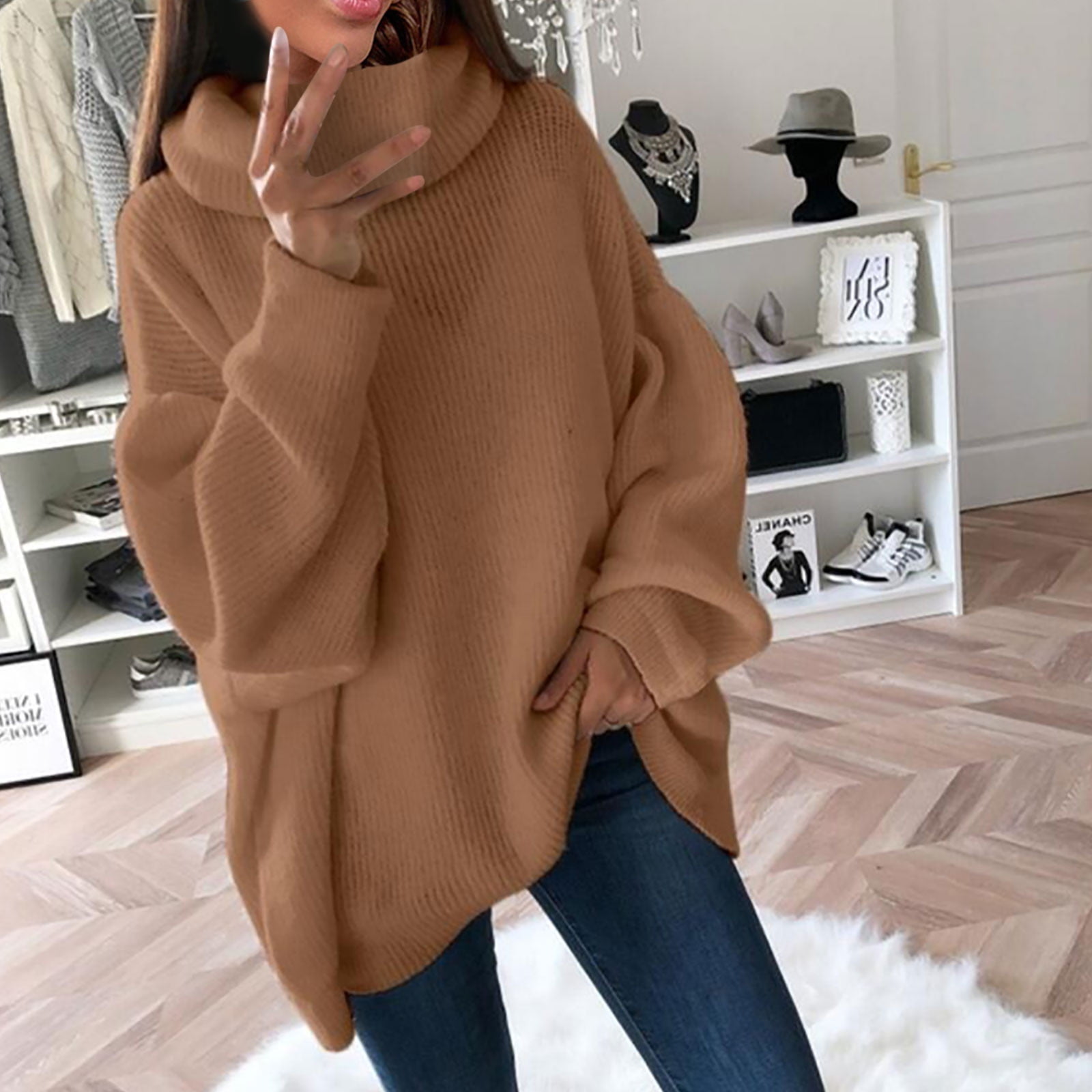 Cameland Women s Sweaters Solid Color Knit Pile Collar Plus Size Loose Turtleneck Sweater Black Friday Clearance Walmart