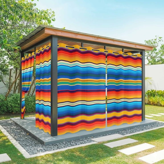 Abstract Colorful Stripes Outdoor Curtains for Patio, Yellow Red Blue Striped Waterproof Outside Curtains Privacy Blackout Curtain for Porch Pergola Cabana, 1 Panel 54W x 108L Inch