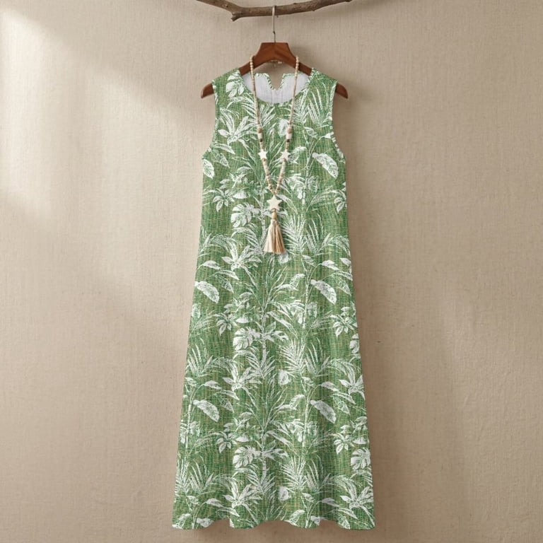 Jiueut Green Palm Leaf Print Sleeveless Maxi Dress for Women, Linen Look Summer Dresses, Loose Flowy Casual Long Dress with Pockets, Lightweight Beach