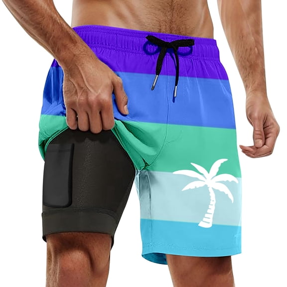 VNKIDY Men's Beach Shorts Color Block Striped Double-Layer Swim Trunks Coconut Tree Print Elastic Drawstring Waist Quick Dry Shorts For Beach Casual Wear Fashionable Bottoms