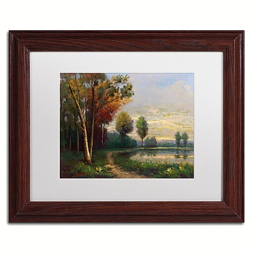 Trademark Fine Art "Landscape with a Lake" Canvas Art by Daniel Moises, White Matte, Wood Frame