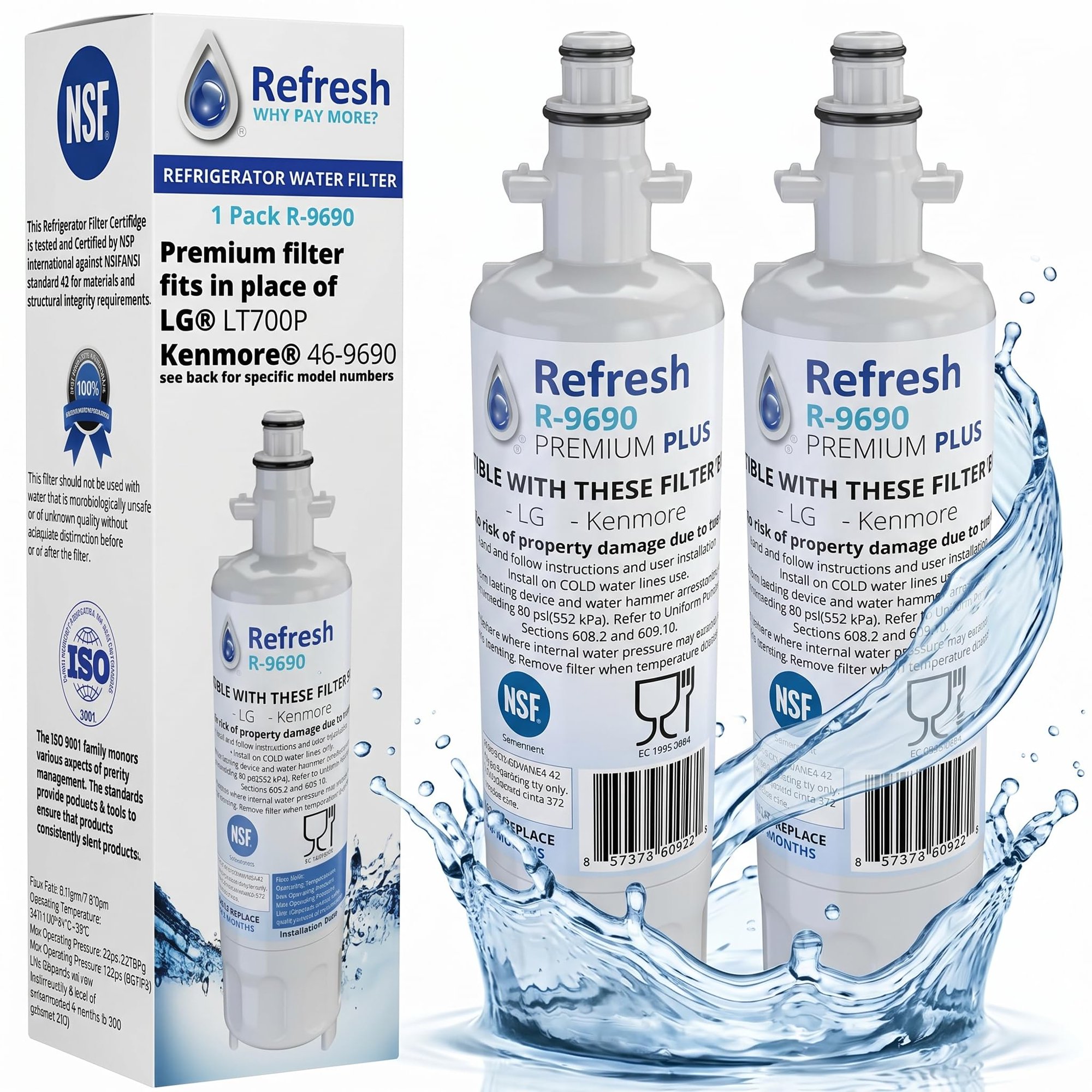 Refresh Plus R-9690 Refrigerator Water Filter Replacement for LG LT700P, LT700PC, ADQ36006101, ADQ36006101-S, NSF/ANSI 53 & 42, 6-Month, 2-Pack