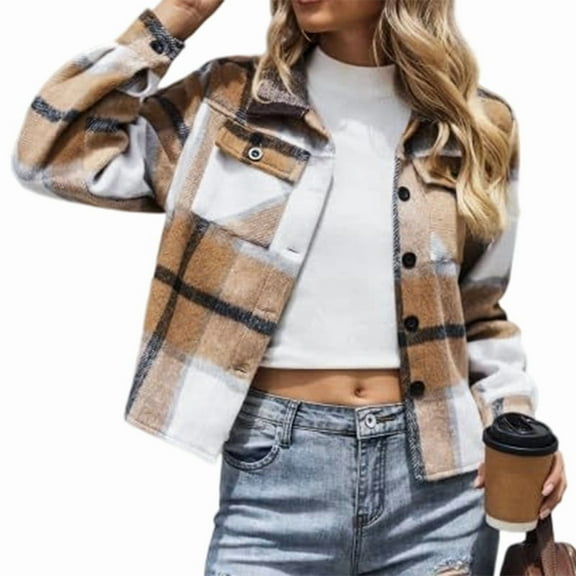 Women'S Flannel Cropped Long Sleeve Lapel Jacket Fashion Plaid Button-Down Shirt Autumn Outerwear Tops Khaki XL