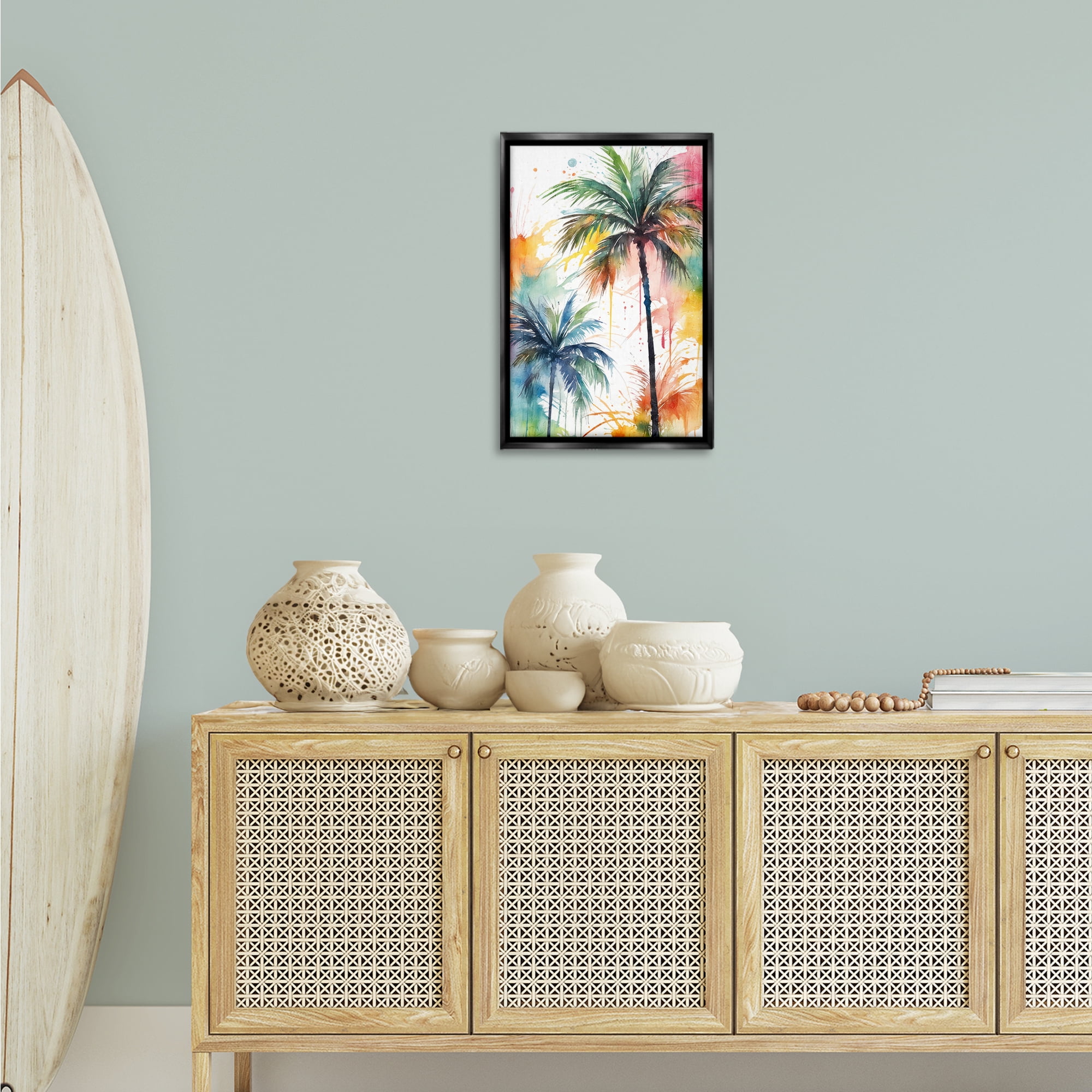 Stupell Industries Splashed Palm Trees Botanical & Floral Painting Black Floater Framed Canvas Art Print Wall Art, 17 x 25