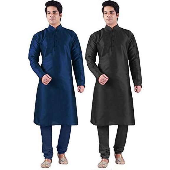 Royal Kurta Men's Silk Blend Kurta Churidar Set of 2 Multi-Colour-Blue