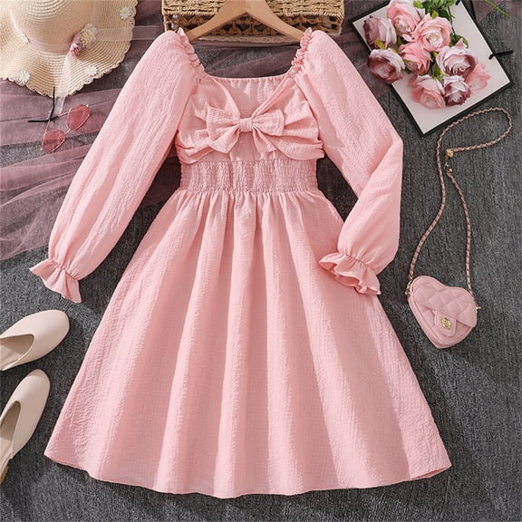 FAOWME Big Child Girls Dress Long Sleeve Solid Color Bow Design Stylish Comfortable Dresses For Casual Daily Wear Pink 7-8 Years