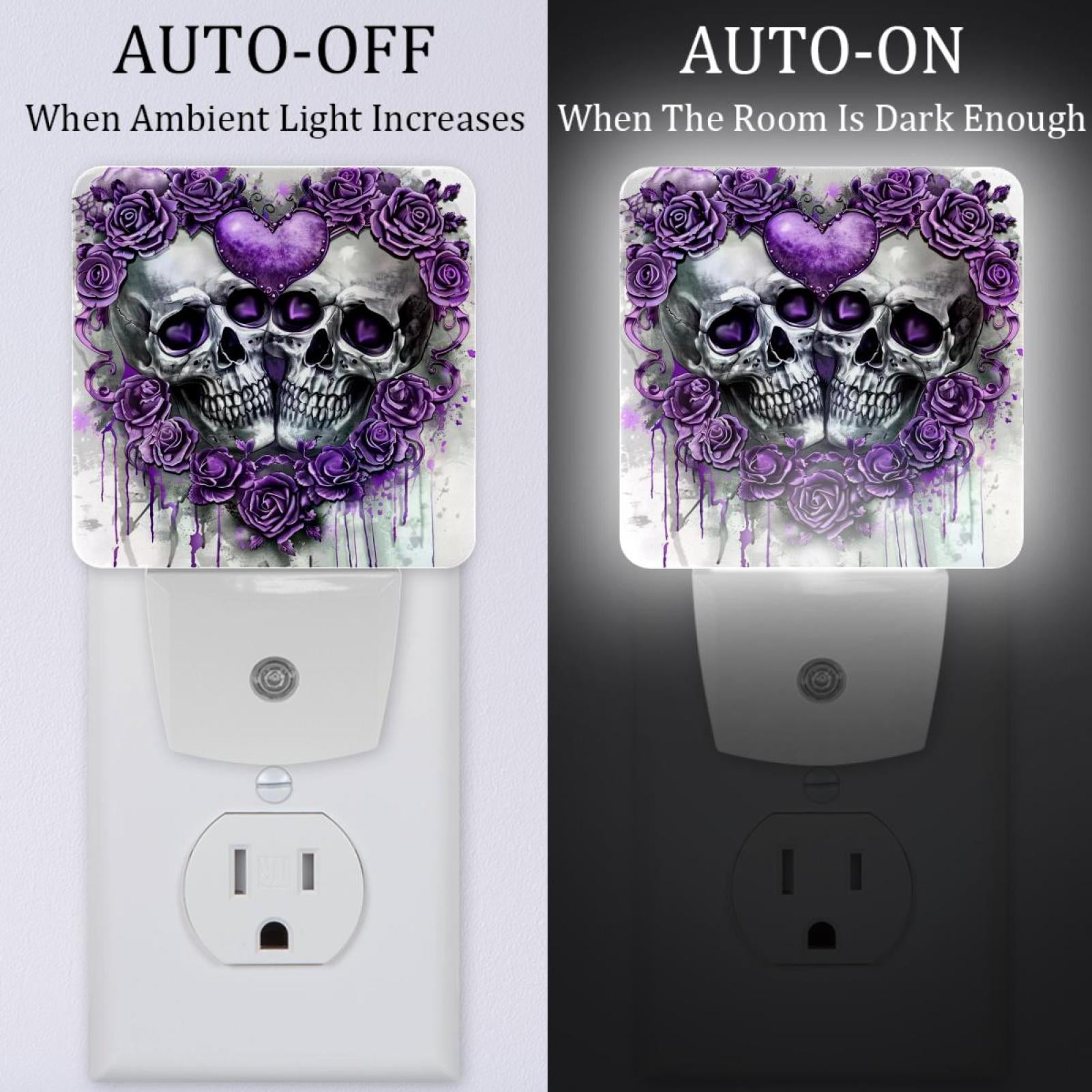 PhooArto Purple Flowers Love Skull Plug in LED Night Light Auto Sensor Dusk to Dawn Decorative Night for Bedroom, Bathroom, Kitchen, Hallway, Stairs, Baby's Room, Energy Saving