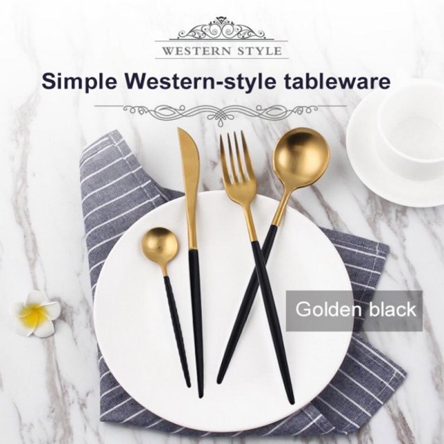 Black Gold Flatware,4 Piece Matte Black Handle 18/10 Stainless Steel Tableware Sets For 1 Including Forks Spoons Knives, Camping Silverware Travel Utensils Set Cutlery (Black Gold)