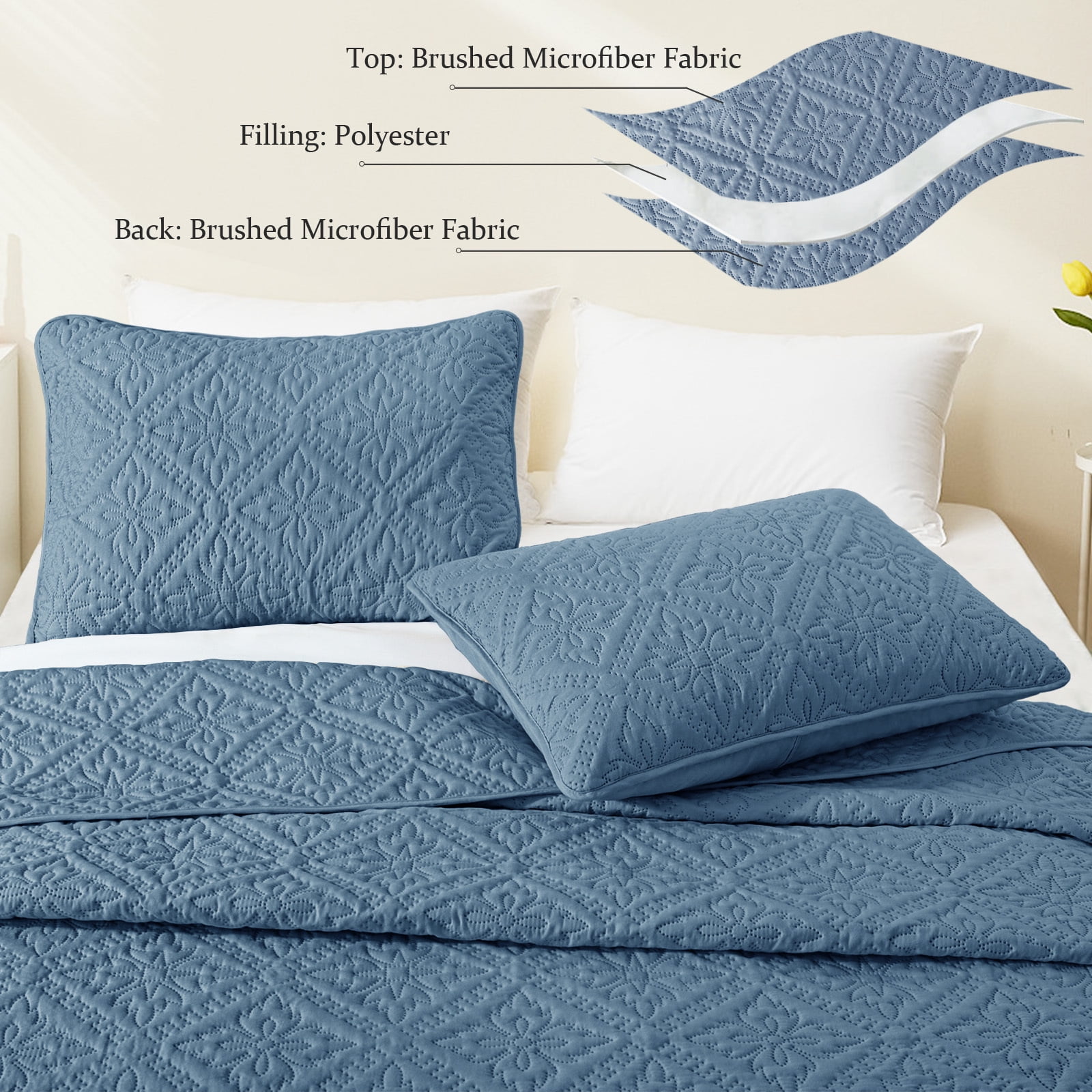 Exclusivo Mezcla Queen Quilt Bedding Set, Lightweight Soft Bedspreads Coverlets with 2 Pillow Shams, Modern Bluish Grey Quilts Queen Full Size for All Seasons