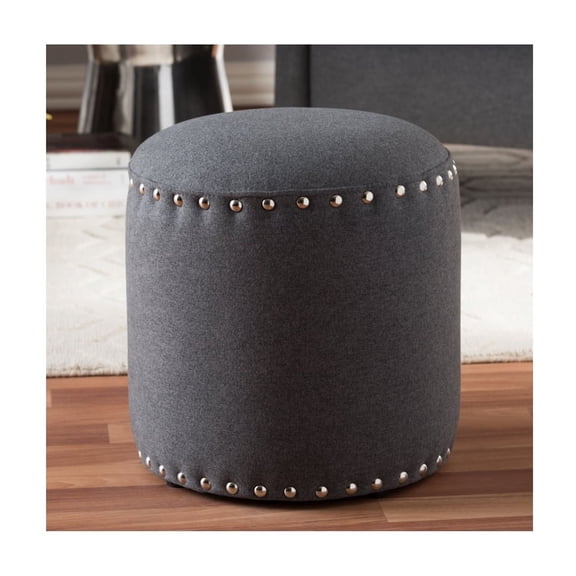 Dark Grey Fabric Ottoman with Nailhead Trim - Living Room Storage Ottoman
