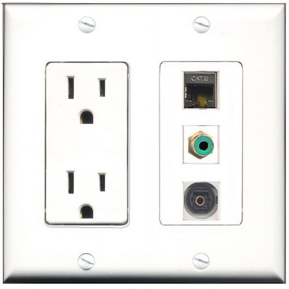 RiteAV - 15 Amp Power Outlet 1 Port RCA Green 1 Port Shielded Cat6 Ethernet Ethernet 1 Port Toslink Decorative Wall Plate