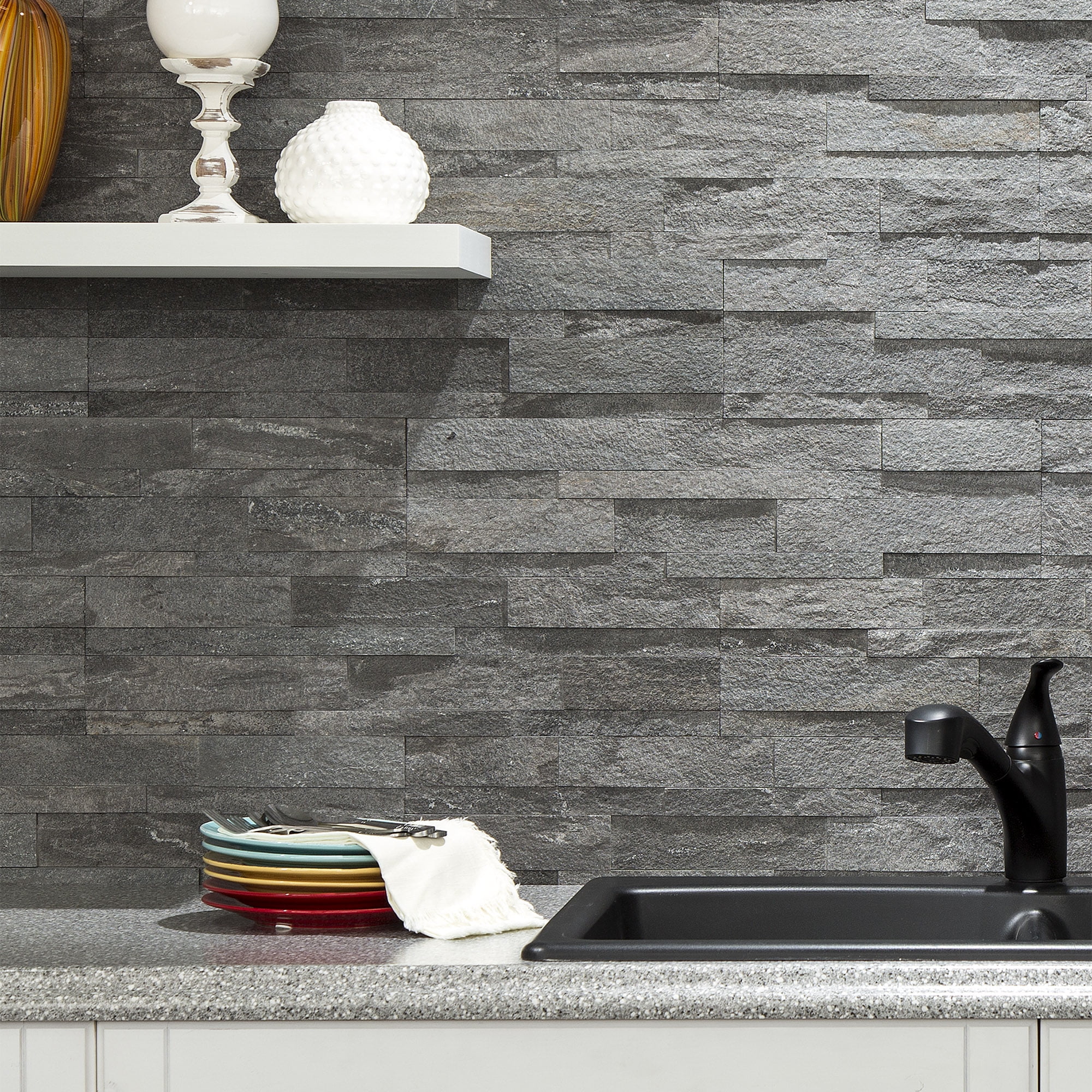 Aspect Peel and Stick Raised Stone Overlay Kitchen Backsplash - Raised Titanium (15 Sq Ft Kit)
