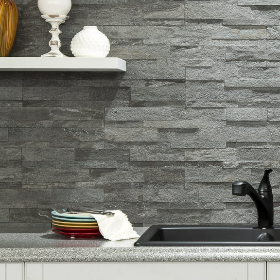 Aspect Peel and Stick Raised Stone Overlay Kitchen Backsplash - Raised Titanium (5.9" x 23.6" x 1/4" -1 Pc)