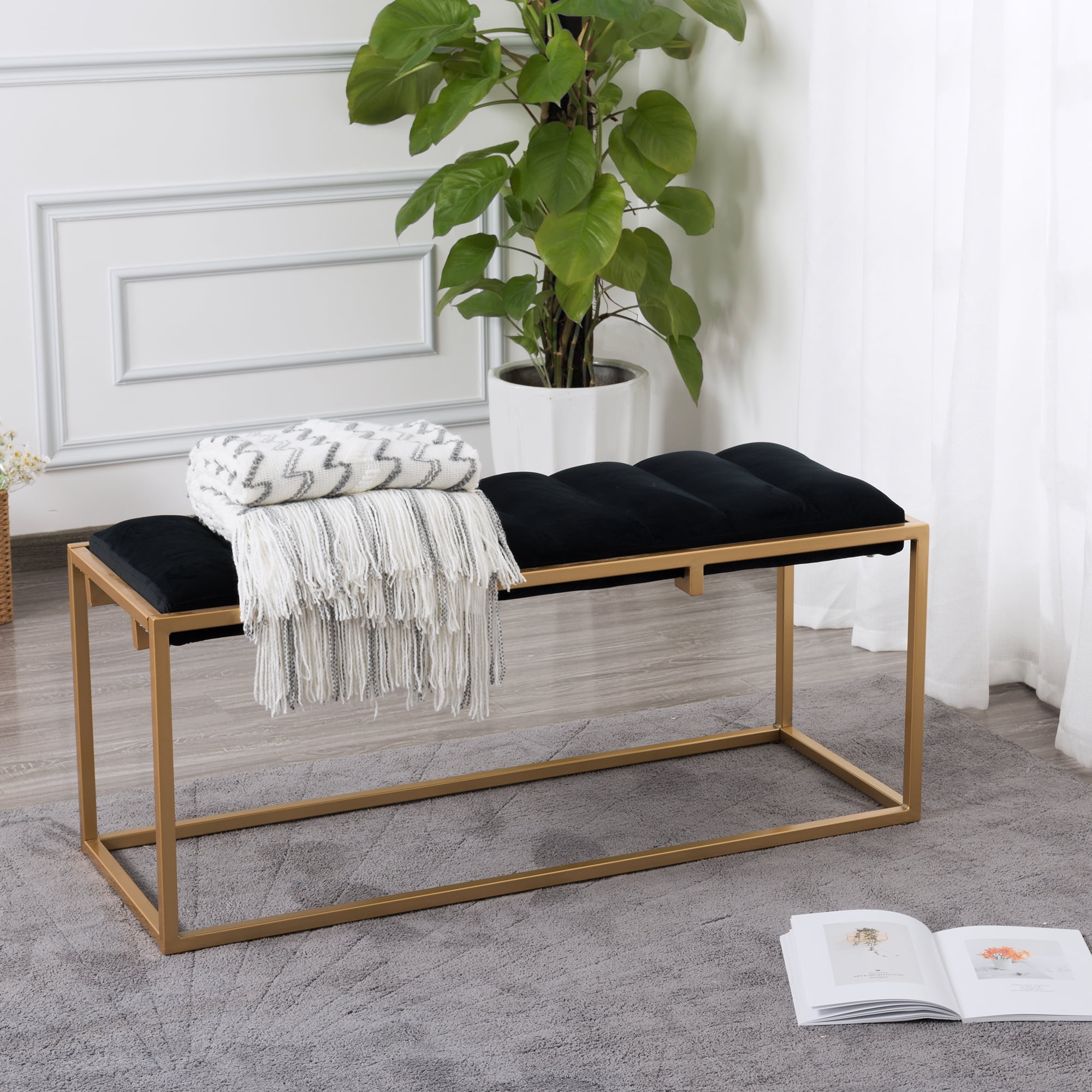 Kadyn Bench, Rectangular Velvet Ottoman Bench with Metal Base, Tufted End of Bed Bench for Bedroom, Black Kadyn Bench, Rectangular Velvet Ottoman Bench with Metal Base, Tufted End of Bed Bench for Bedroom, Black