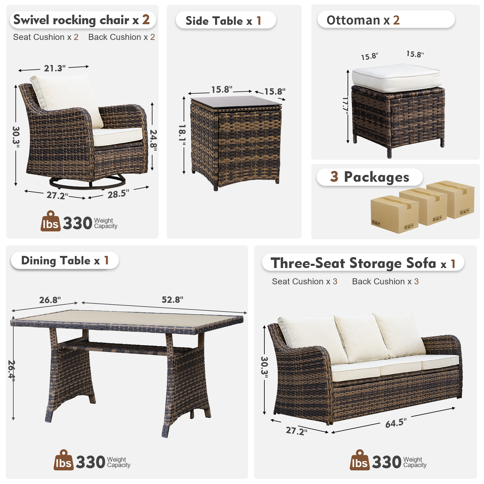MEISSALIVVE 7 Pieces Patio Furniture Set with Dining Table, Outdoor Wicker Conversation Set with Wicker Armrest Chairs, 2 Ottomans, Beige