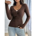 thumbnail image 5 of Women'S Long Sleeve Shirt V-Neck Buttons Ribbed Knit Slim Fit Casual Basic Spring Autumn Tops Brown M, 5 of 9