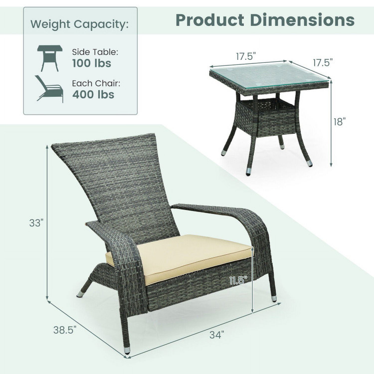 Aimee Lii 3-Piece Wicker Conversation Set with Comfy Seat Cushions, Outdoor Patio Furniture, Gray Aimee Lii 3-Piece Wicker Conversation Set with Comfy Seat Cushions, Outdoor Patio Furniture, Gray