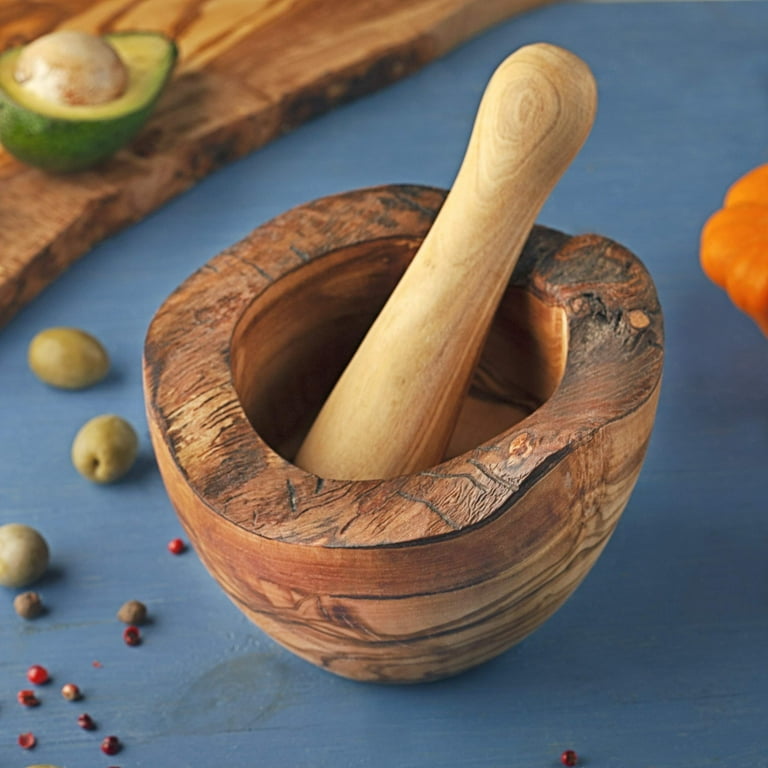 OLIVE WOOD LARGE MORTAR AND PESTLE SET