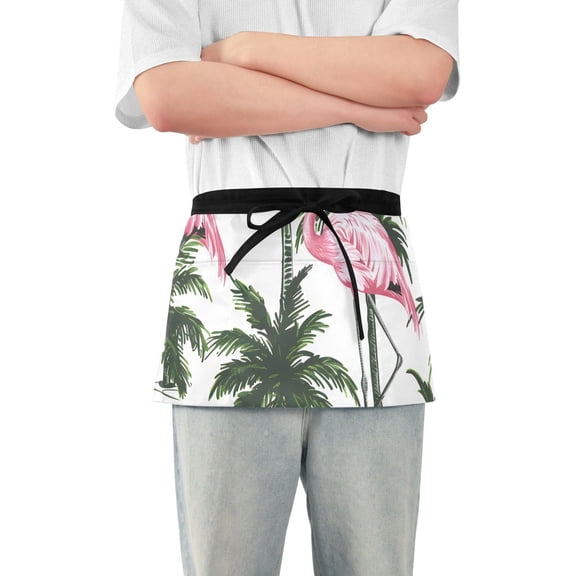 Flamingo with Palm Trees Waist Apron Adjustable Server Half Apron Kitchen Cooking with 3 Pockets for Men Women