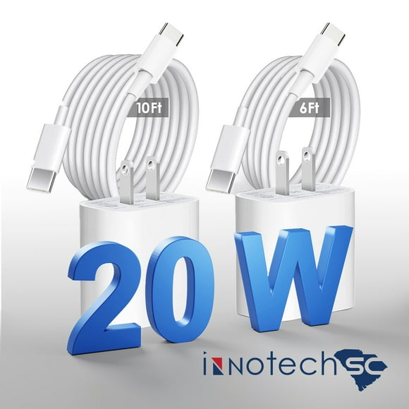 Cargador Pared USB C Rápida InnotechSc para iPhone 15/15 Pro/15 Pro Max 2 Adaptadores PD 20W con Cable Trenzado USB C 6 y 10 Pies