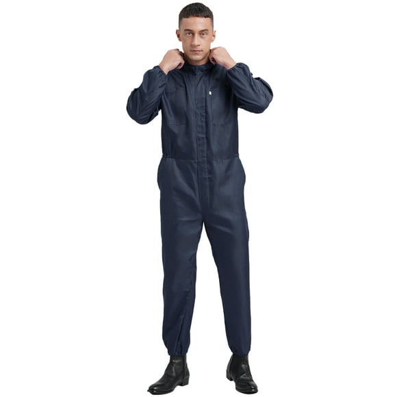 Aiihoo Mens Long Sleeve Coverall Zipper Pockets Work Overalls Dustproof Hooded Jumpsuit Navy Blue 4XL/190
