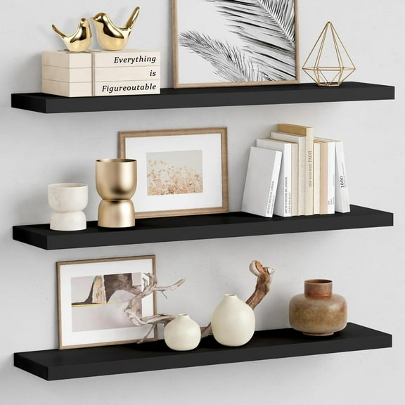 Large Floating Shelves for Wall 36 Inches Long 8 Inch Deep, Black Wall Shelves for Kitchen Bedroom, Heavy Duty Wooden Floating Shelf for Living Room Office Closet (Black, Set of 3)