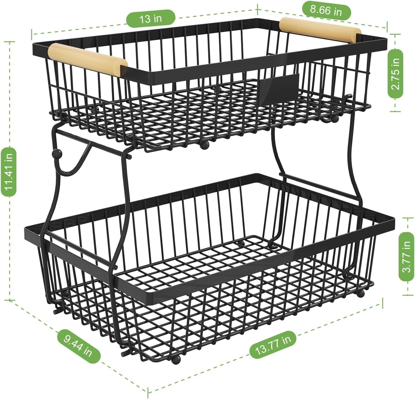 2 Tier Fruit Basket for Kitchen Counter with 2 Banana Hangers, Countertop Metal Bread Basket with Wooden Handle, Large Storage Stand for Vegetables, Snacks, Eggs, Produce Storage – Black