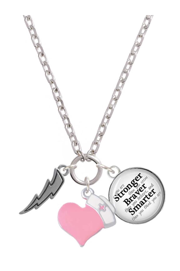 Silvertone Lightning Bolt - Light Pink Heart Nurse Strong Zoe Necklace