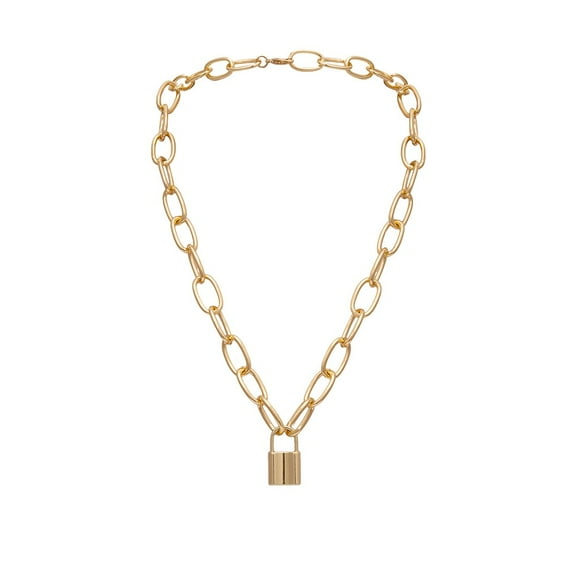 Vintage Metallic Golden Large Chain Lock Necklace Womens Jewelry Gift