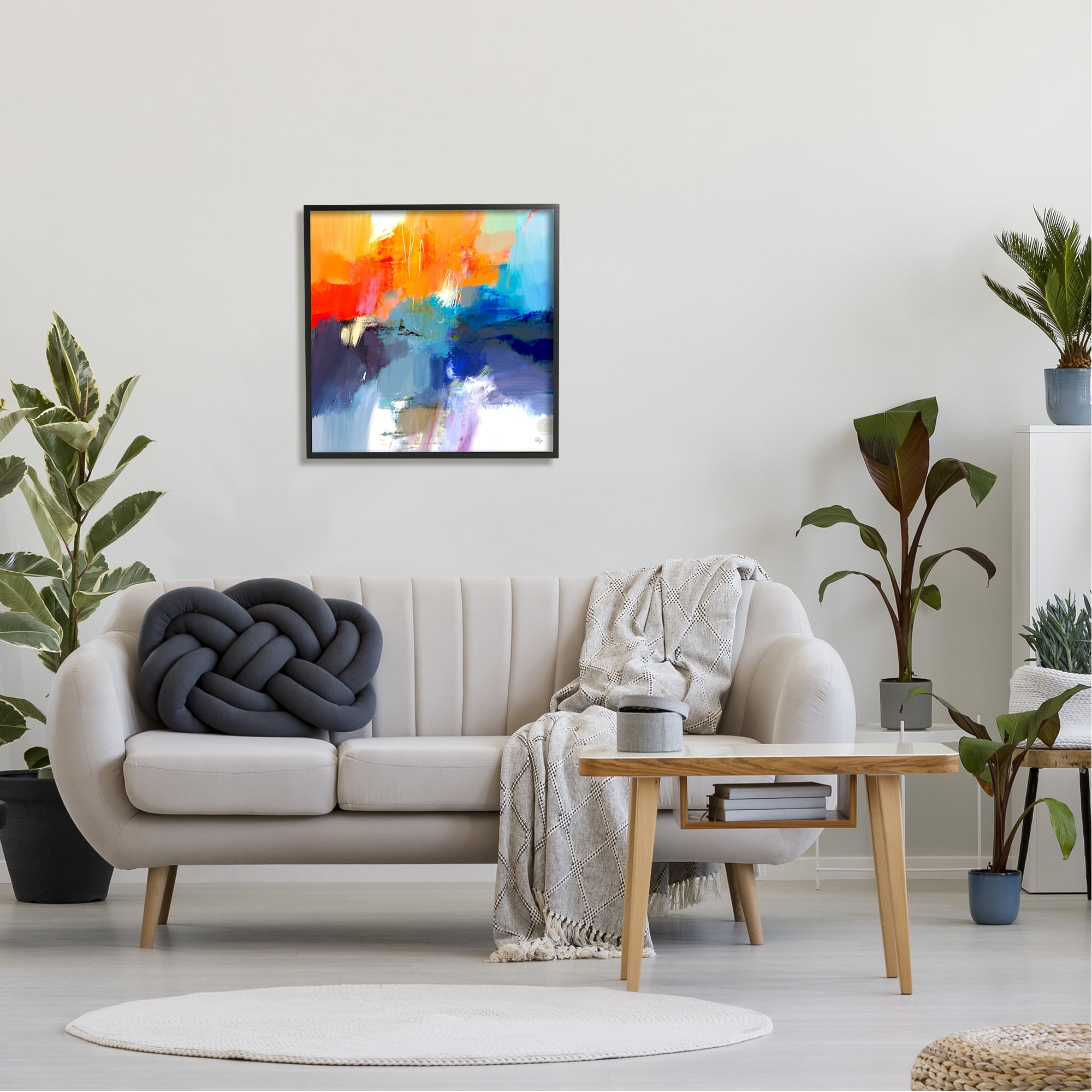 Stupell Industries Orange & Blue Abstraction Abstract Painting Black Framed Art Print Wall Art, 24 x 24