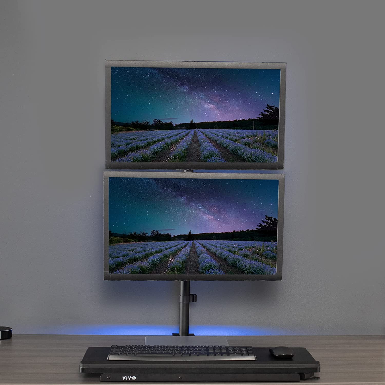 Tall Vertically Stacked Dual Monitor Desk Mount Stand with 39 inch Stand- Pole, Fully Adjustable Extended Arms, Fits 2 Screens  to 27 inches, STAND-V012T