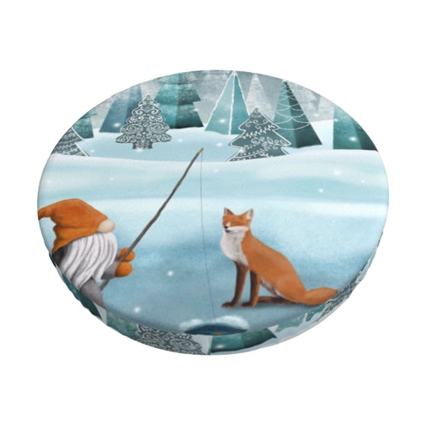 Disketp Gnome And Red Fox Fishing Funda Redonda para Taburete, Funda de Cojín para Silla de Bar Suave y Elástica-14 inch