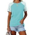 thumbnail image 2 of Prolriy Shirts for Women, Women's Round Neck Patchwork Striped Color Block Loose Casual Short Sleeved T Shirt Womens Tops Spring Summer Tops for Women Mint Green M, 2 of 4