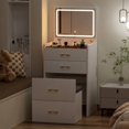 thumbnail image 2 of 23.6'' Wide Makeup Vanity Table with Flip Top Lighted,Storage Makeup Stool,3 in 1 Vanity Desk with Visible Glass, LED Light & Power Outlet ,3 Drawers & Upholstered Stool, 2 of 5
