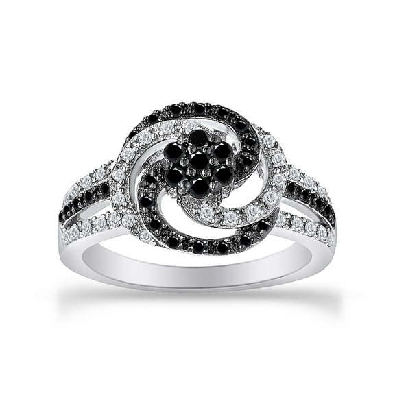 1/2 Carat Round Cut Natural Enhanced Black & White Diamond Flower Design Swirl Ring In 14K White Gold Over Sterling Silver (0.5 Cttw, I2-I3 Clarity), Ring Size- 6.5