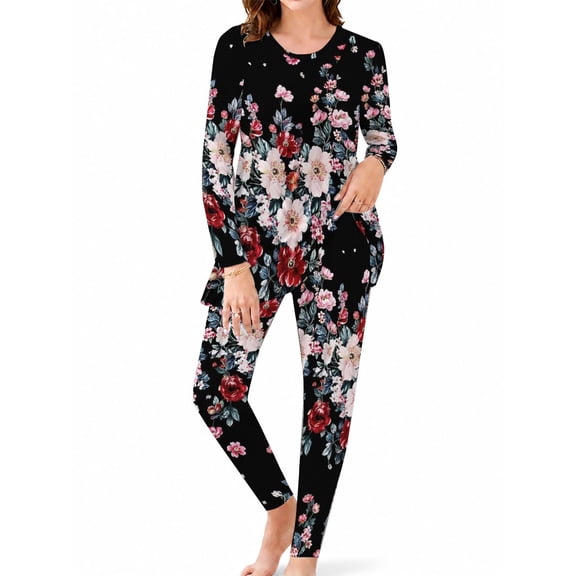 Women's Lounge Sets 2 Piece Dark Vintage Floral Pajamas Soft Long Sleeve Sleep Top and Pants